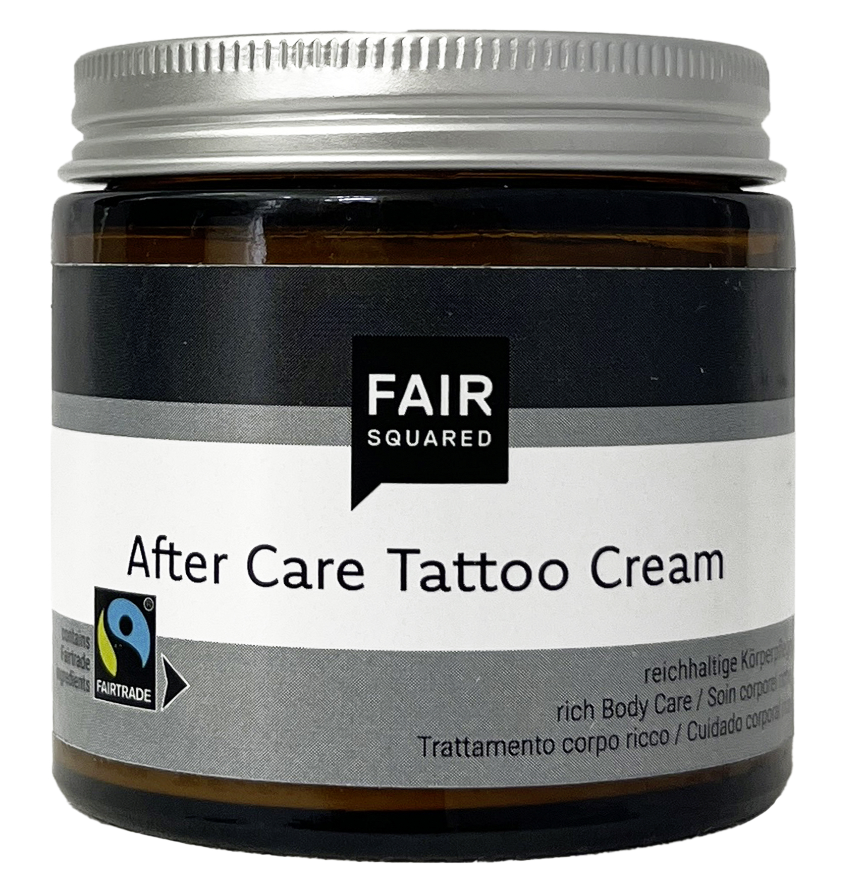 FAIR SQUARED After Care Tattoo Cream im 100-ml-Glastiegel mit Aluminiumdeckel. Reichhaltige vegane Tattoo-Pflegecreme mit Fairtrade-Sheabutter, zertifizierter Naturkosmetik und dermatologisch bestätigter Rezeptur für die tägliche Pflege vollständig verheilter tätowierter Haut.
