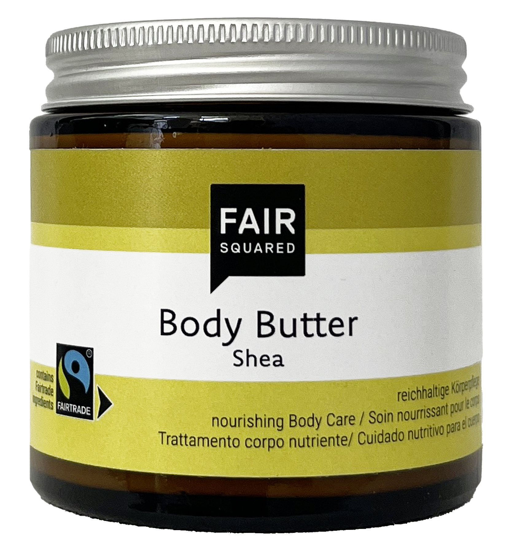 FAIR SQUARED Body Butter Shea im 100-ml-Glastiegel mit Aluminiumdeckel. Reichhaltige vegane Körperbutter mit Fairtrade-Sheabutter, zertifizierter Naturkosmetik und dermatologisch bestätigter Rezeptur für die tägliche Pflege aller Hauttypen.