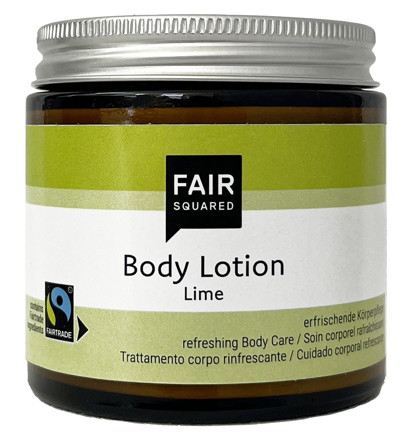 FAIR SQUARED Body Lotion Lime im 100-ml-Glastiegel mit Aluminiumdeckel. Leichte vegane Body Lotion mit Fairtrade-Kokosöl und Fairtrade-Zucker, zertifizierter Naturkosmetik und dermatologisch bestätigter Rezeptur für die tägliche Körperpflege aller Hauttypen.