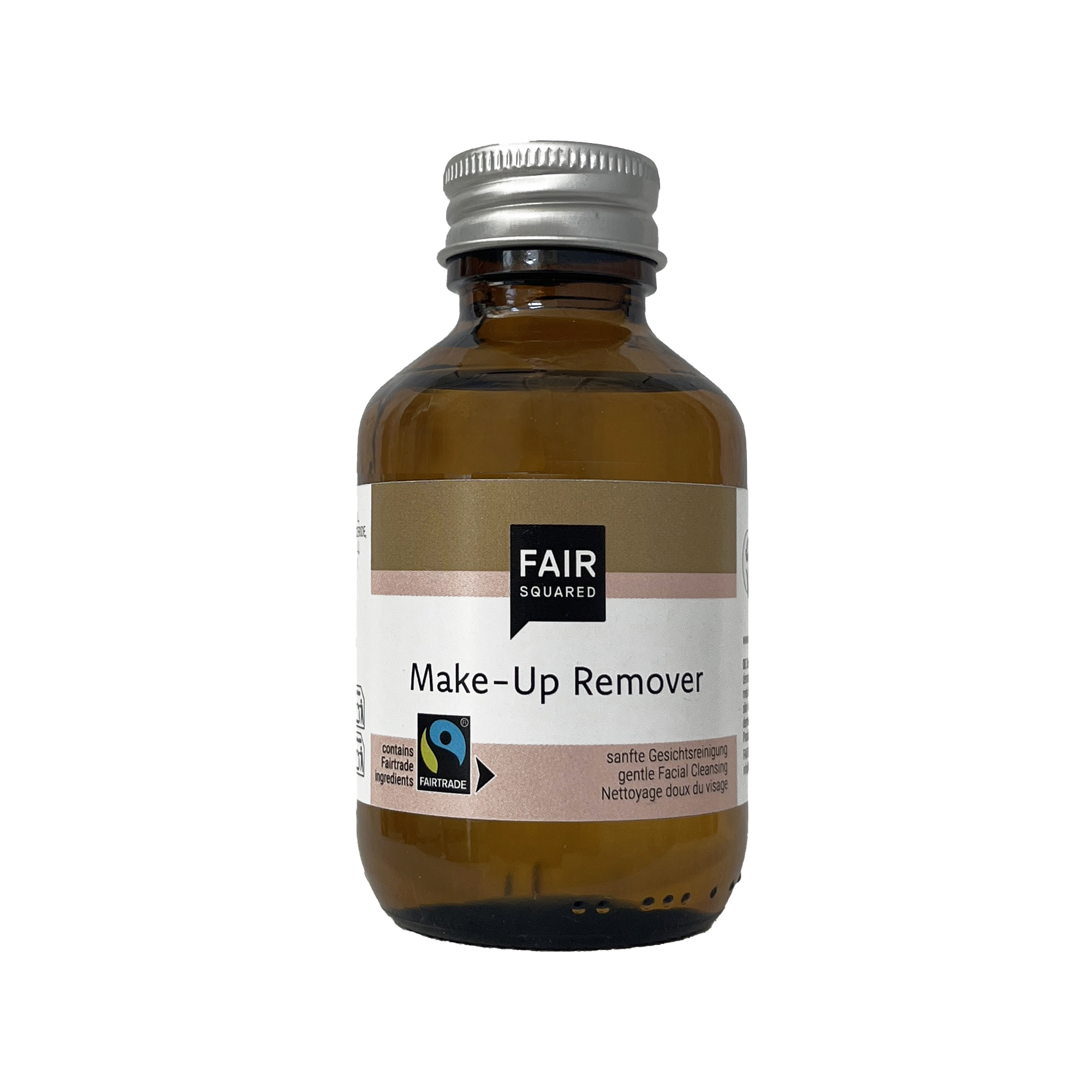 FAIR SQUARED Make-Up Remover 100 ml in Glasflasche mit Fairtrade-Aprikosenkernöl und Fairtrade-Kokosöl.