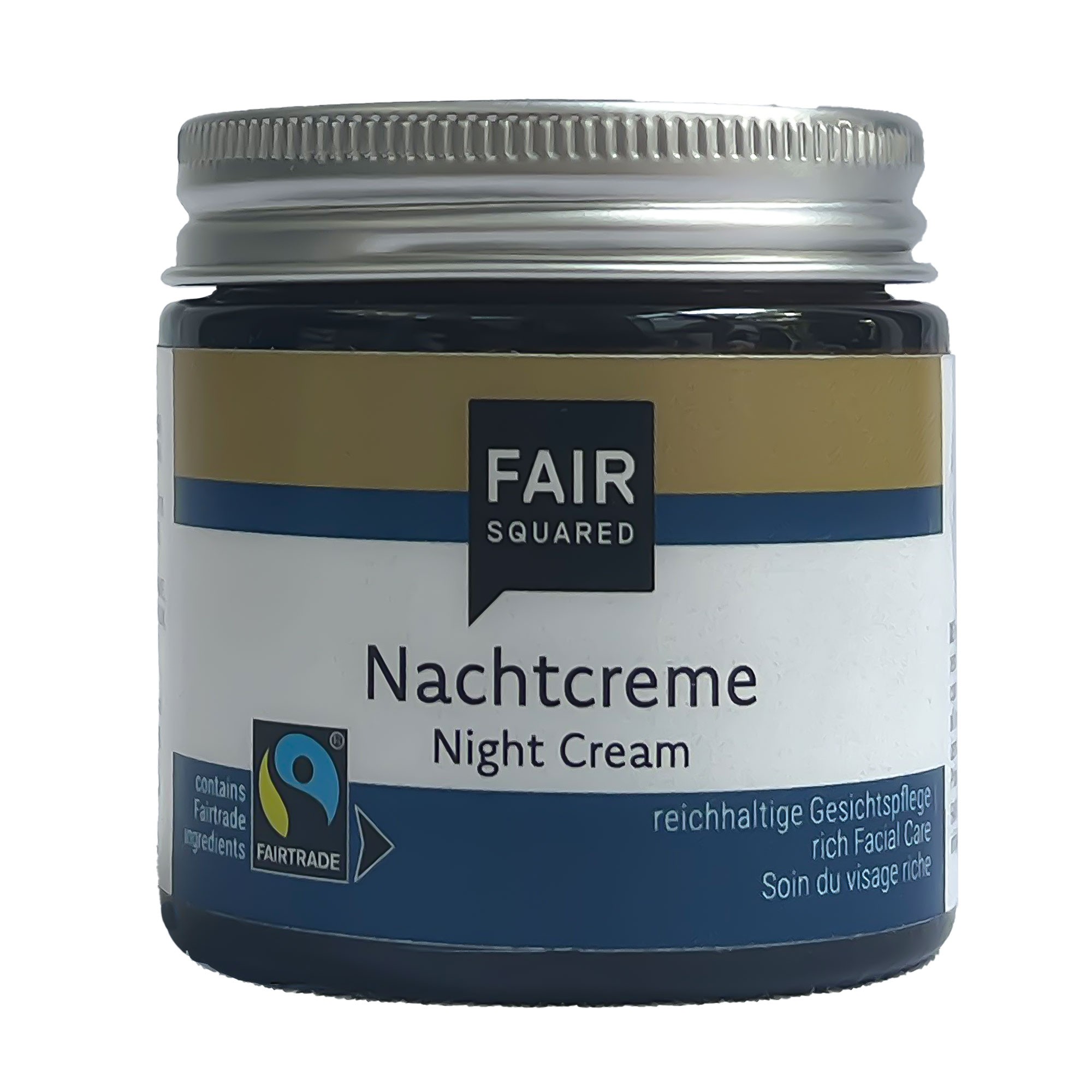 Braunglastiegel der FAIR SQUARED Nacht Creme mit silberfarbenem Aluminiumdeckel und weißem Etikett.
