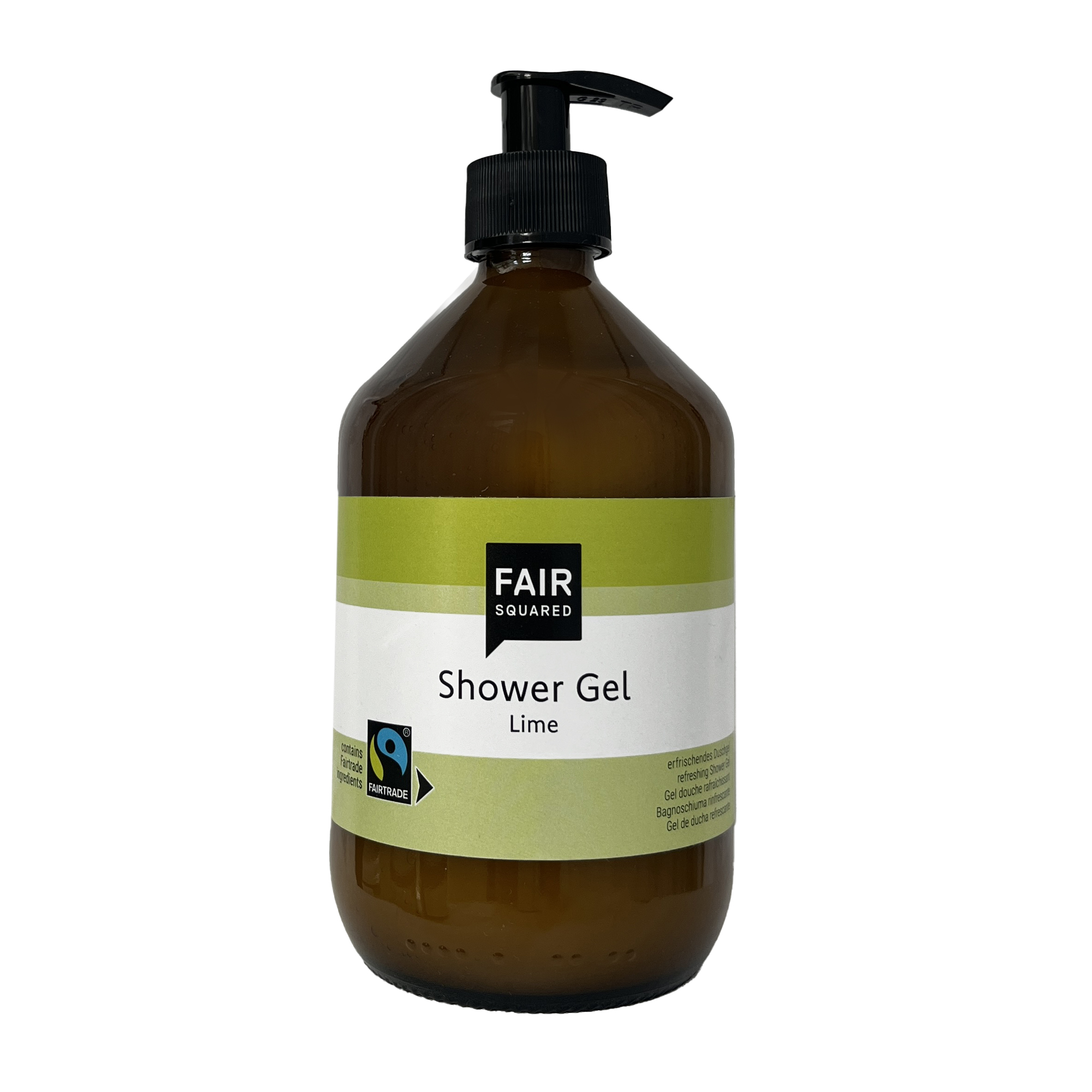 FAIR SQUARED Shower Gel Lime in einer 500-ml-Glasflasche mit Pumpe. Veganes Naturkosmetik-Duschgel mit Fairtrade-Zucker, milden pflanzlichen Tensiden und frischem Limetten-Duft für die tägliche Reinigung aller Hauttypen.