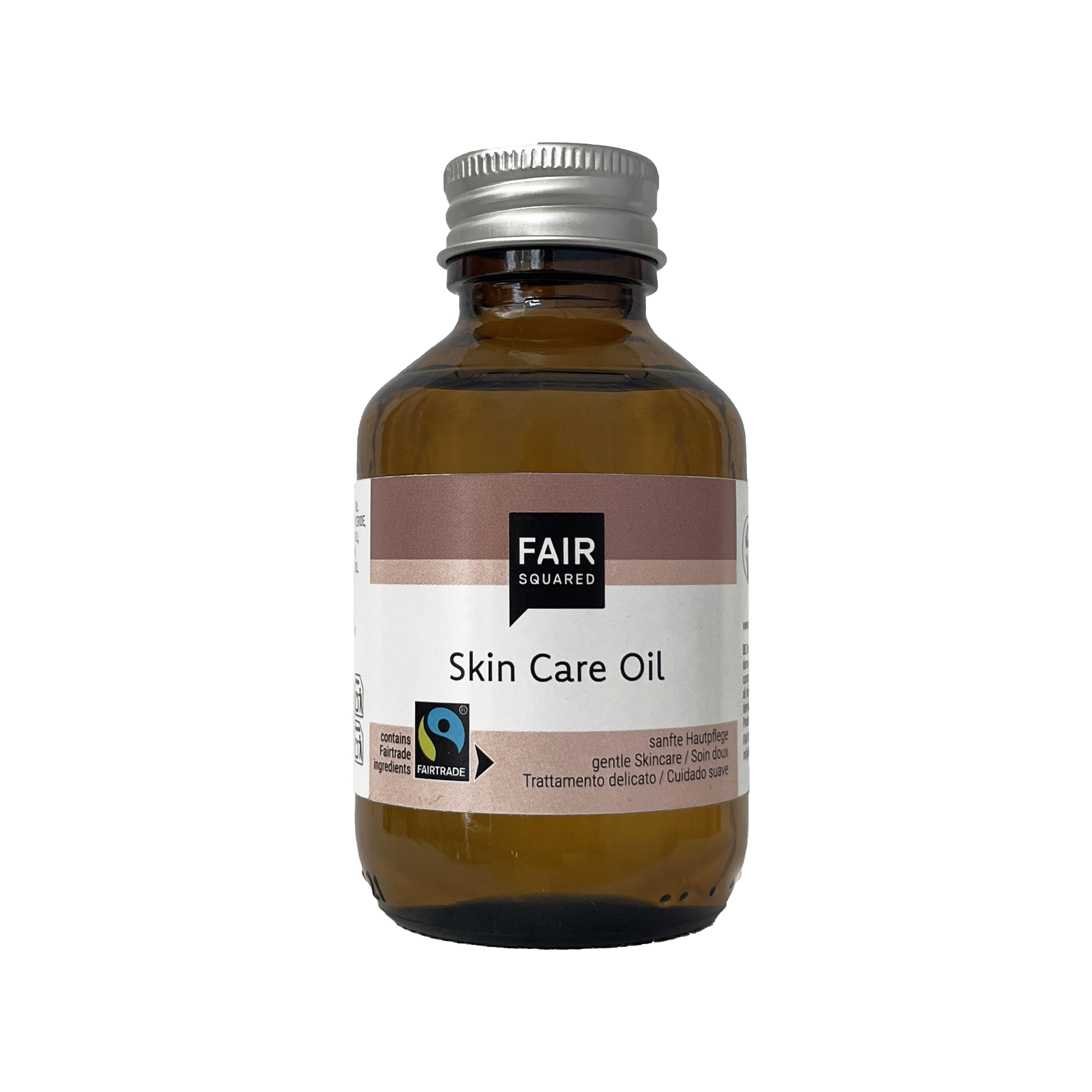 FAIR SQUARED Skin Care Oil Apricot 100 ml in der Glasflasche mit Fairtrade-Aprikosenkernöl und Fairtrade-Kokosöl.