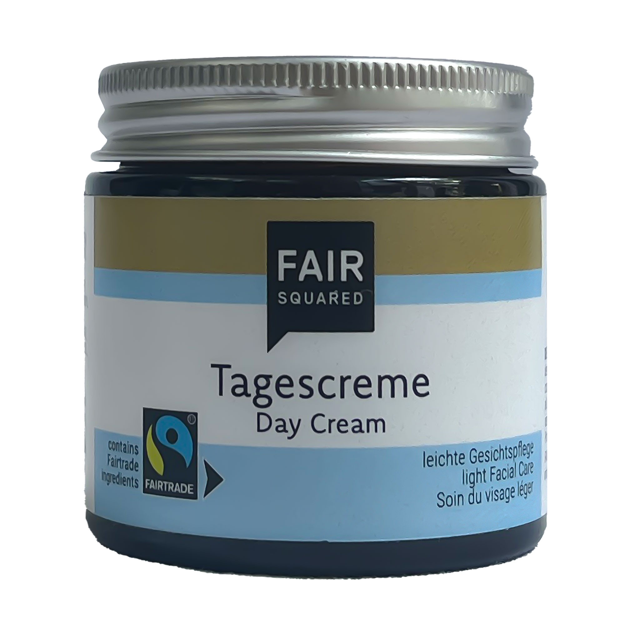 Braunglastiegel der FAIR SQUARED Tages Creme mit silberfarbenem Aluminiumdeckel und weißem Etikett.