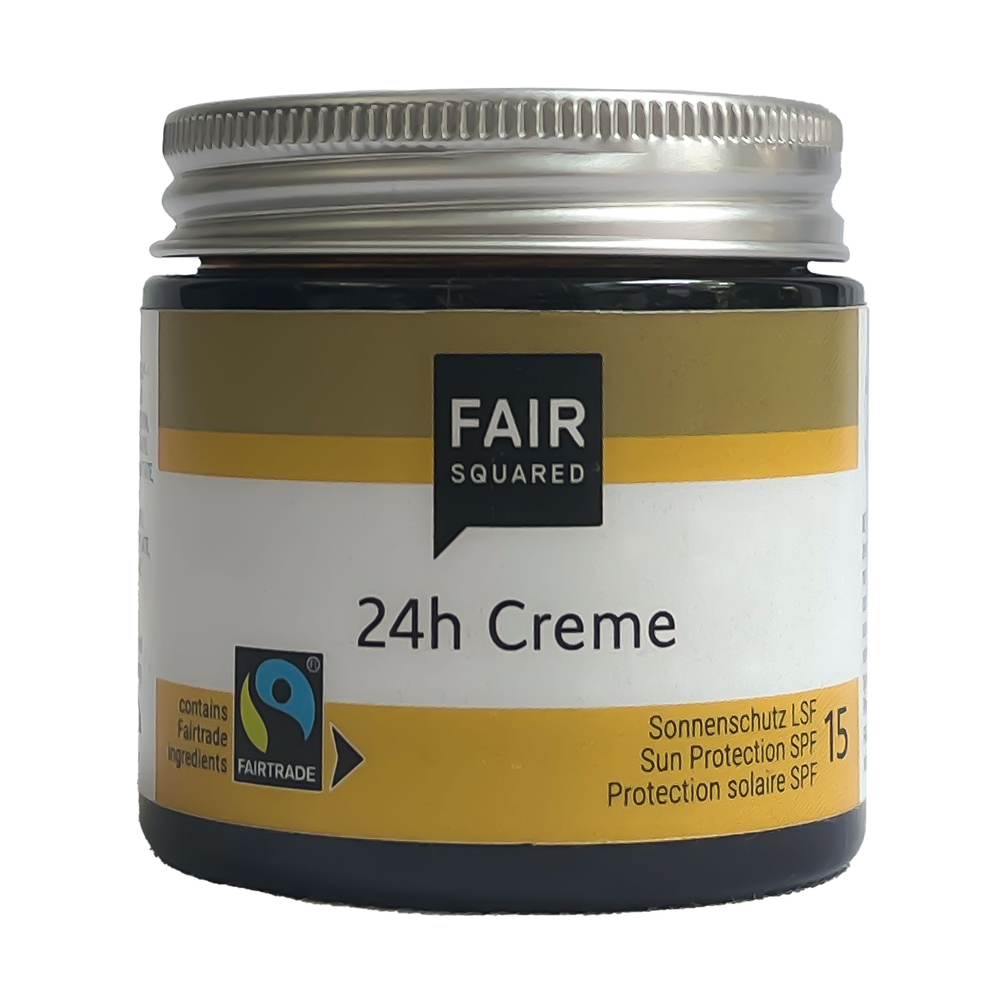 Braunglastiegel der FAIR SQUARED 24h Creme mit silbernem Aluminiumdeckel und gelbem Etikett, SPF 15.
