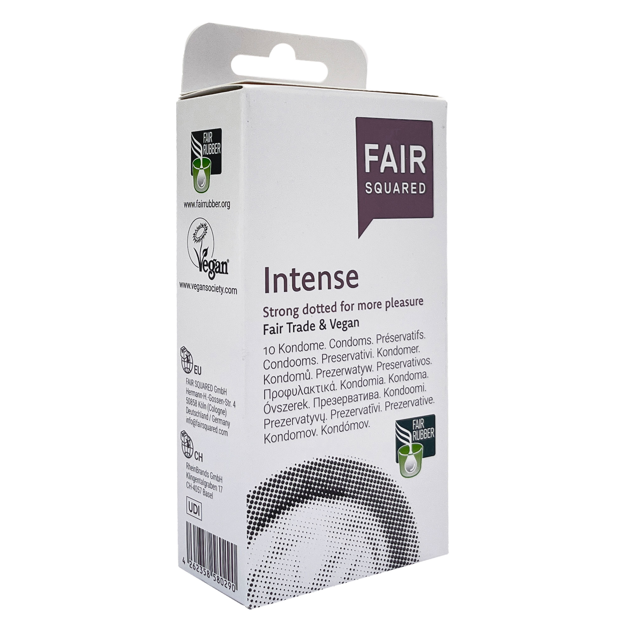 FAIR SQUARED Intense Kondome, Packung mit 10 veganen Kondomen mit genoppter Oberfläche aus fair gehandelten Naturkautschuk.