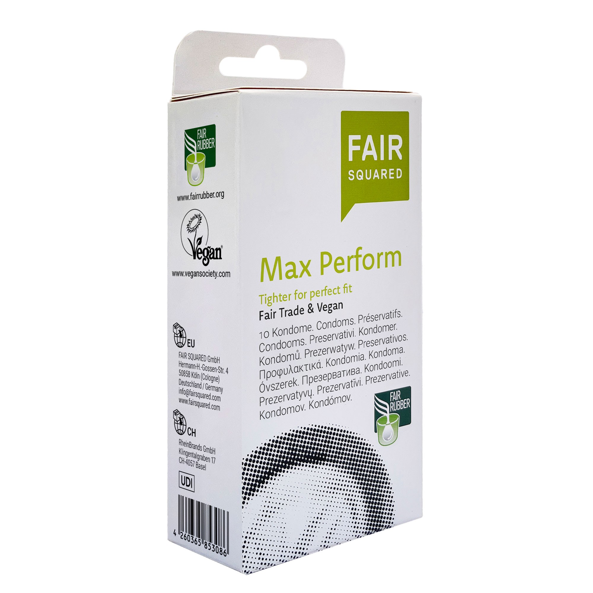 FAIR SQUARED Max Perform Kondome, Packung mit 10 veganen Kondomen mit enger Kontur aus fair gehandelten Naturkautschuk.