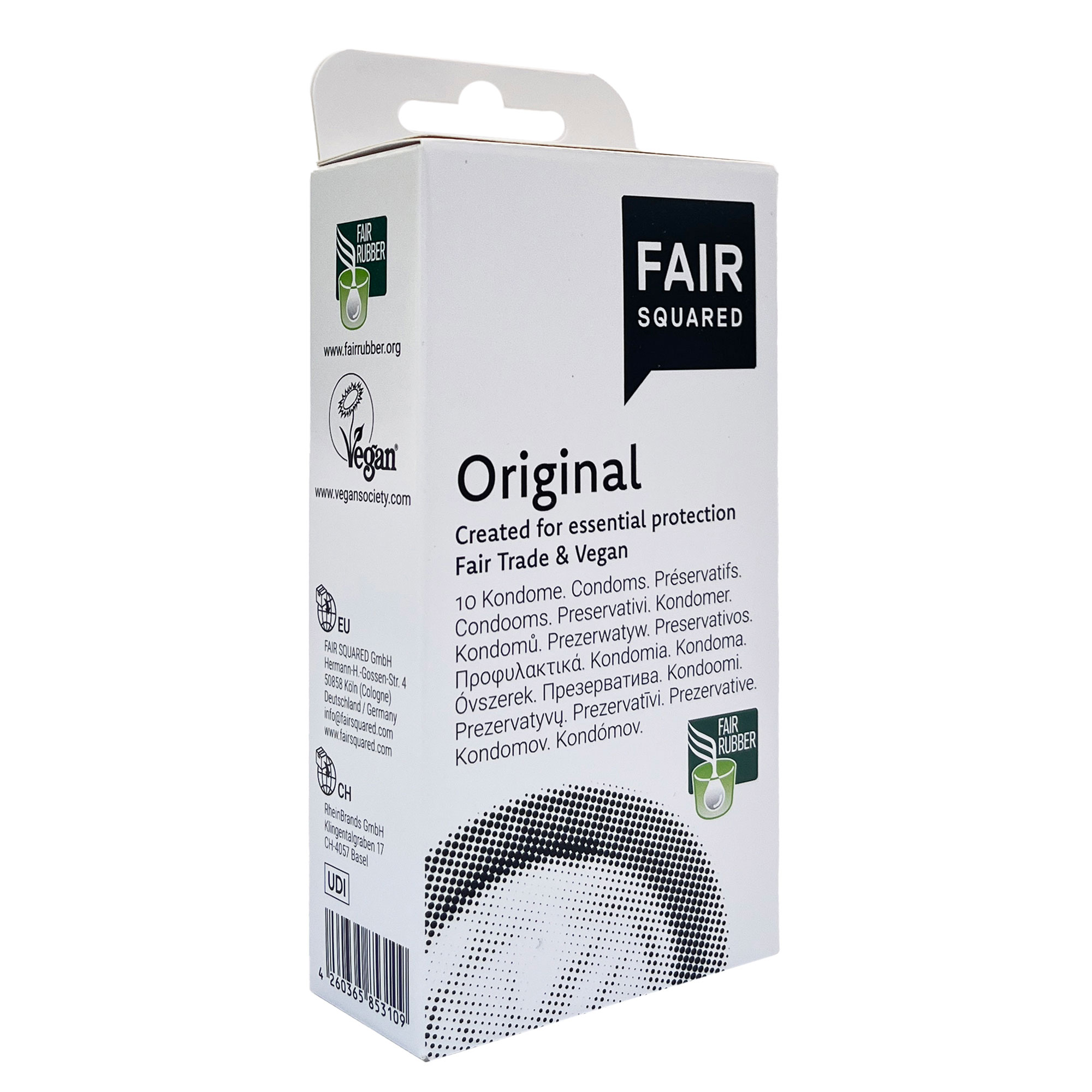 FAIR SQUARED Original Kondome, Packung mit 10 veganen Kondomen aus fair gehandelten Naturkautschuk.