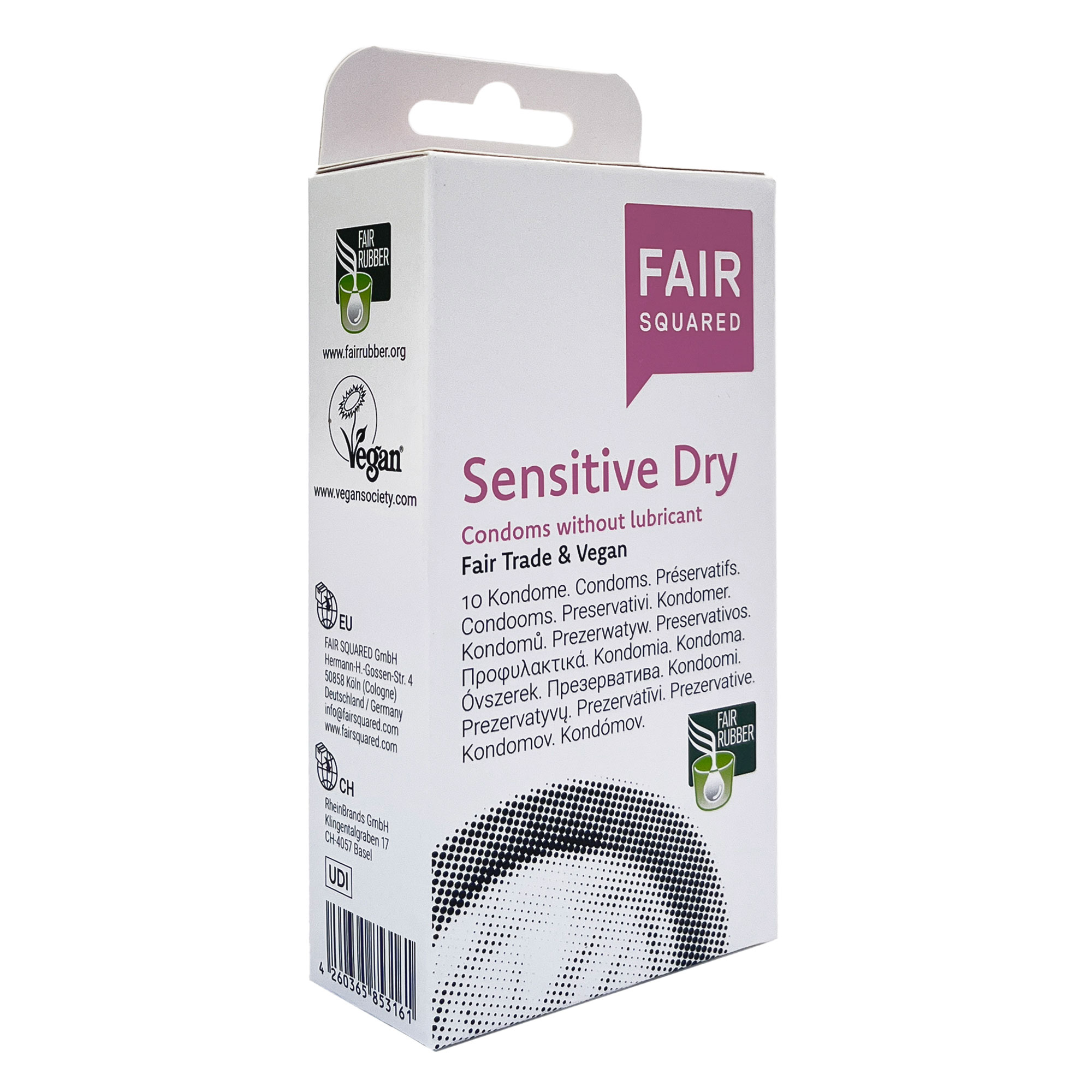 FAIR SQUARED Sensitive Dry Kondome, Packung mit 10 veganen Kondomen ohne Gleitmittel aus fair gehandelten Naturkautschuk.