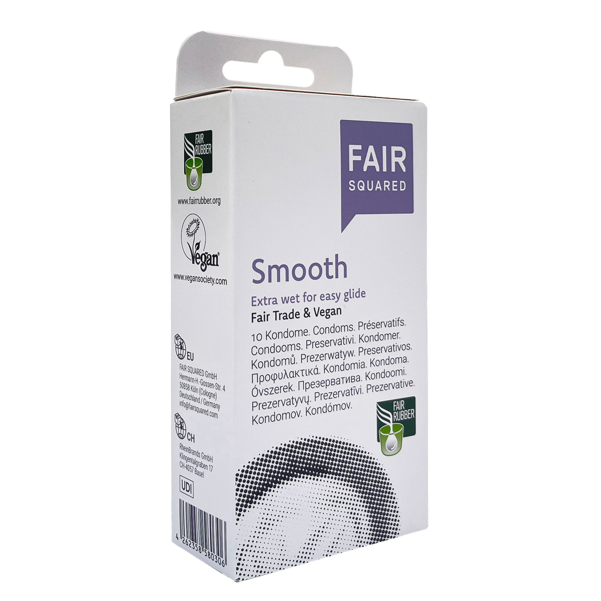 FAIR SQUARED Smooth Kondome, Packung mit 10 veganen Kondomen mit extra Gleitmittel aus fair gehandelten Naturkautschuk.