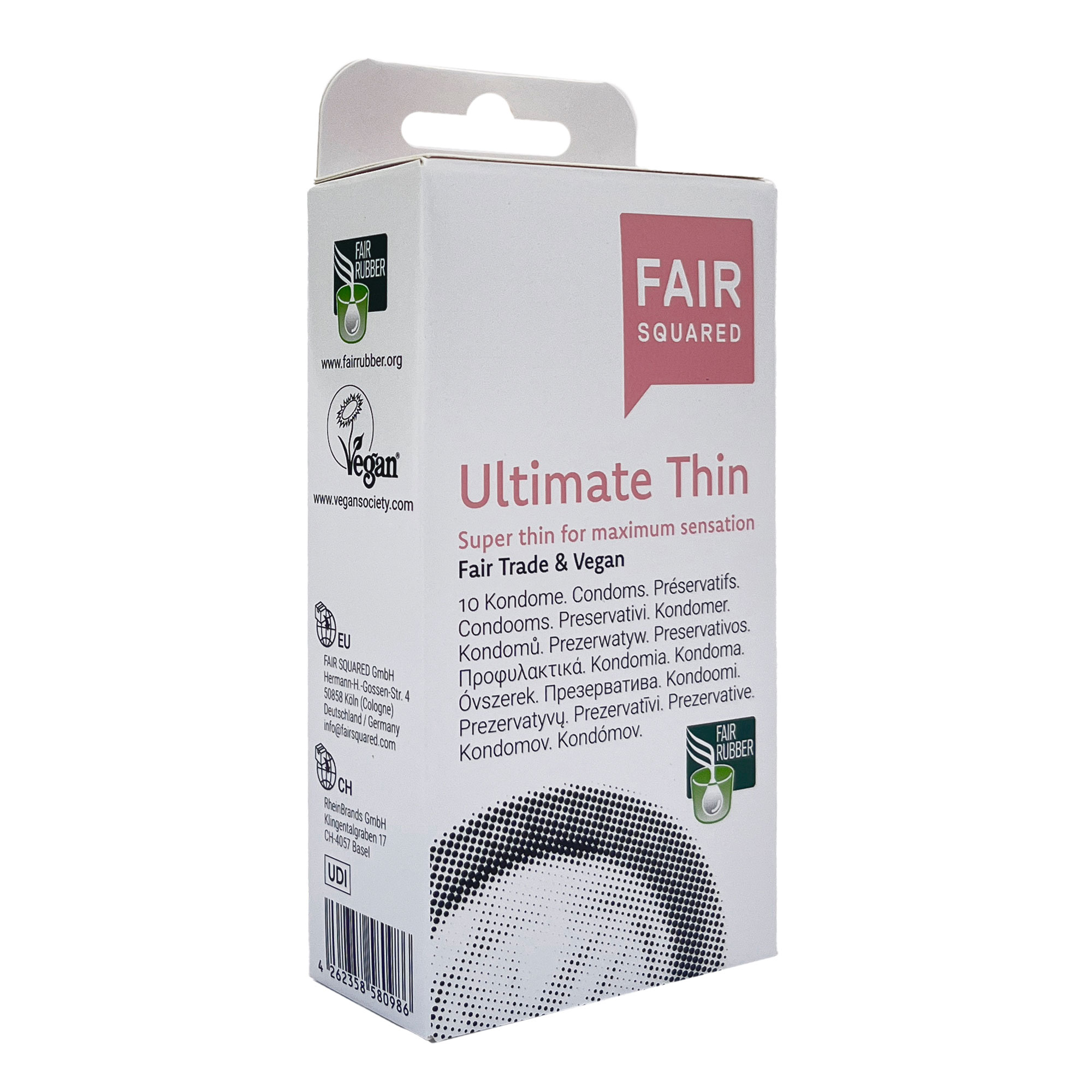 FAIR SQUARED Ultimate Thin Kondome, Packung mit 10 besonders dünnen veganen Kondomen aus fair gehandelten Naturkautschuk.