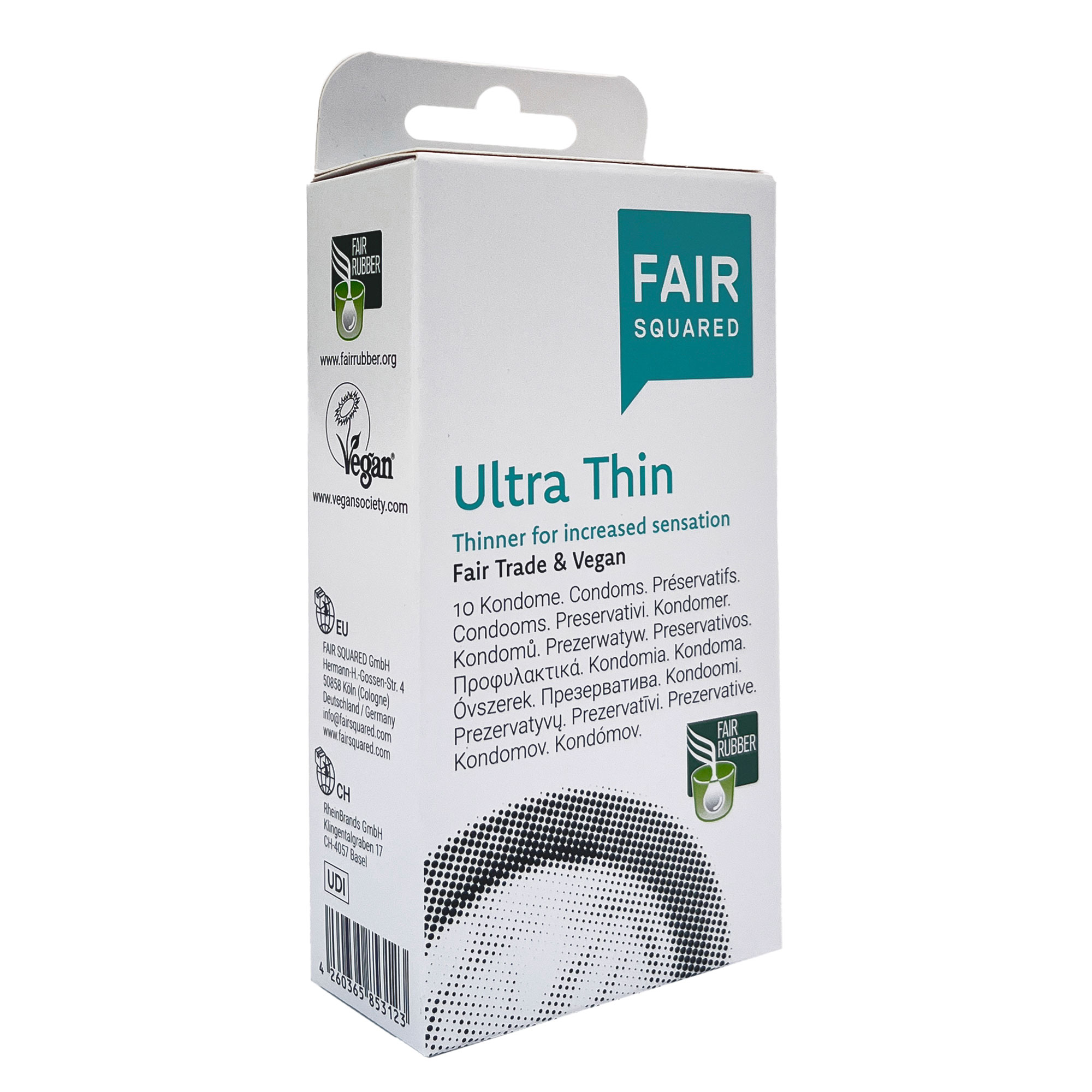 FAIR SQUARED Ultrathin Kondome, Packung mit 10 besonders dünnen veganen Kondomen aus fair gehandelten Naturkautschuk.