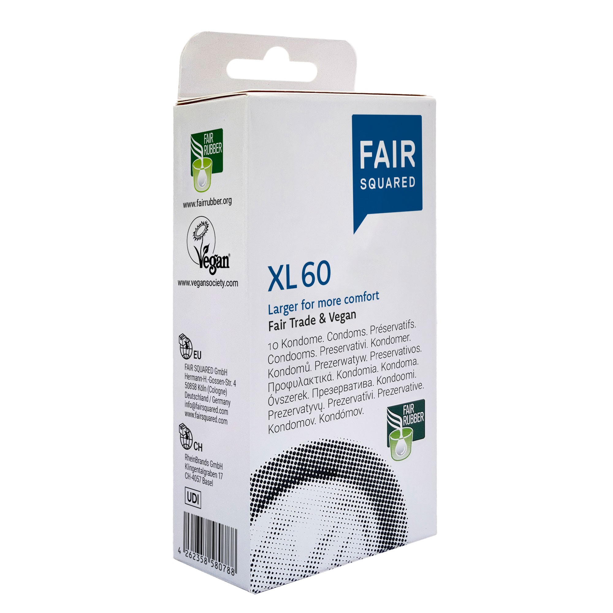 FAIR SQUARED XL Kondome, Packung mit 10 veganen Kondomen mit 60 mm nominaler Breite aus fair gehandelten Naturkautschuk.