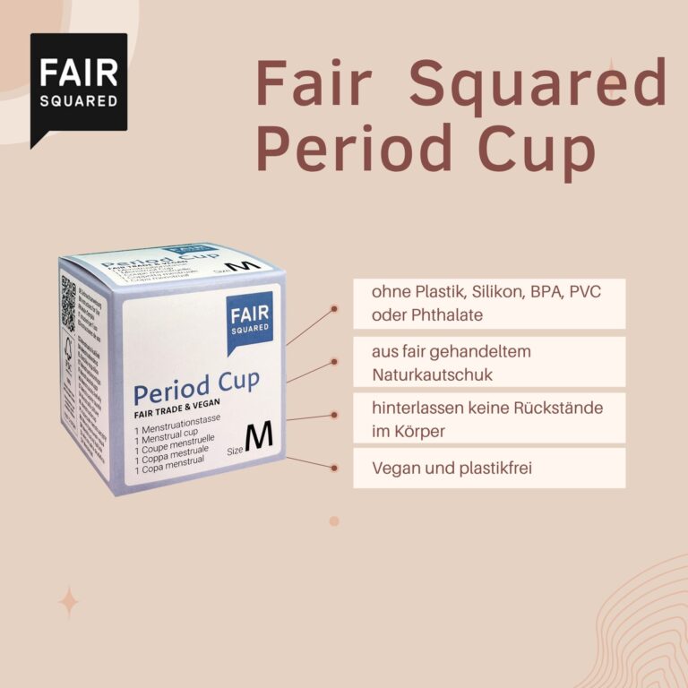 Beschreibung der Vorteile des Period Cups, wie Plastikfrei, aus Naturkautschuk oder frei von Phthalaten