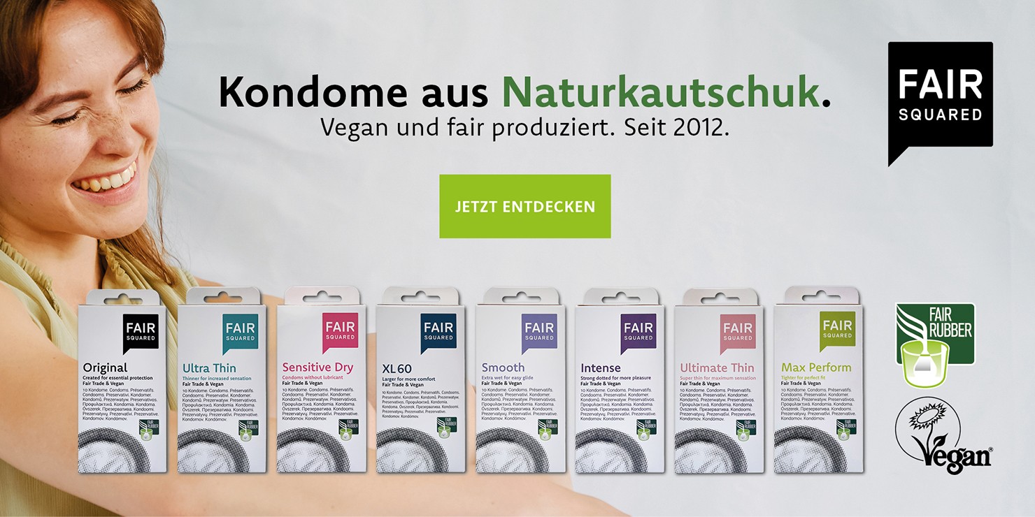 Banner mit dem FAIR SQUARED Kondomsortiment