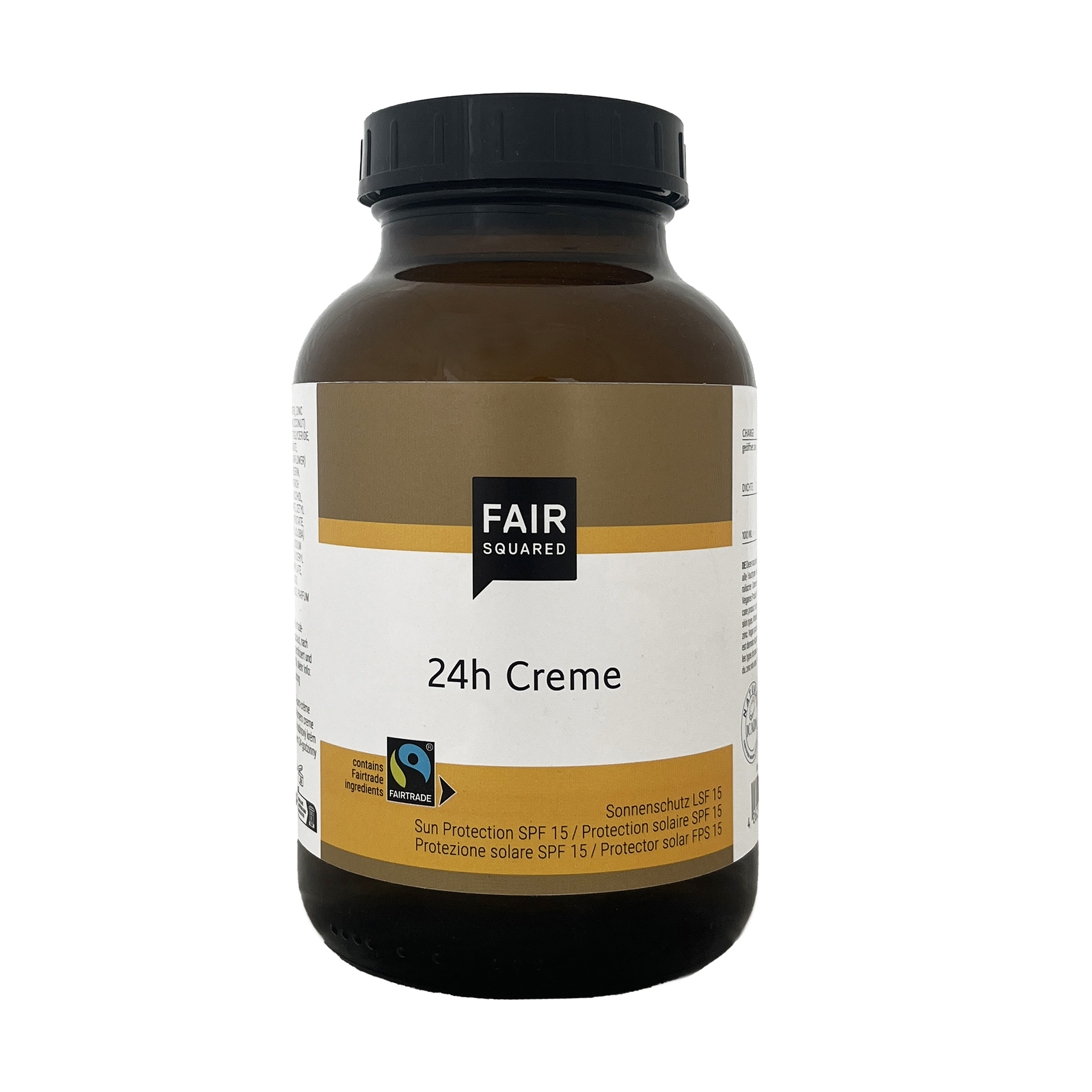 FAIR SQUARED 24h Creme 1000ml in der Braunglasflasche mit schwarzen Kunststoffdeckel und Etikett, SPF 15.