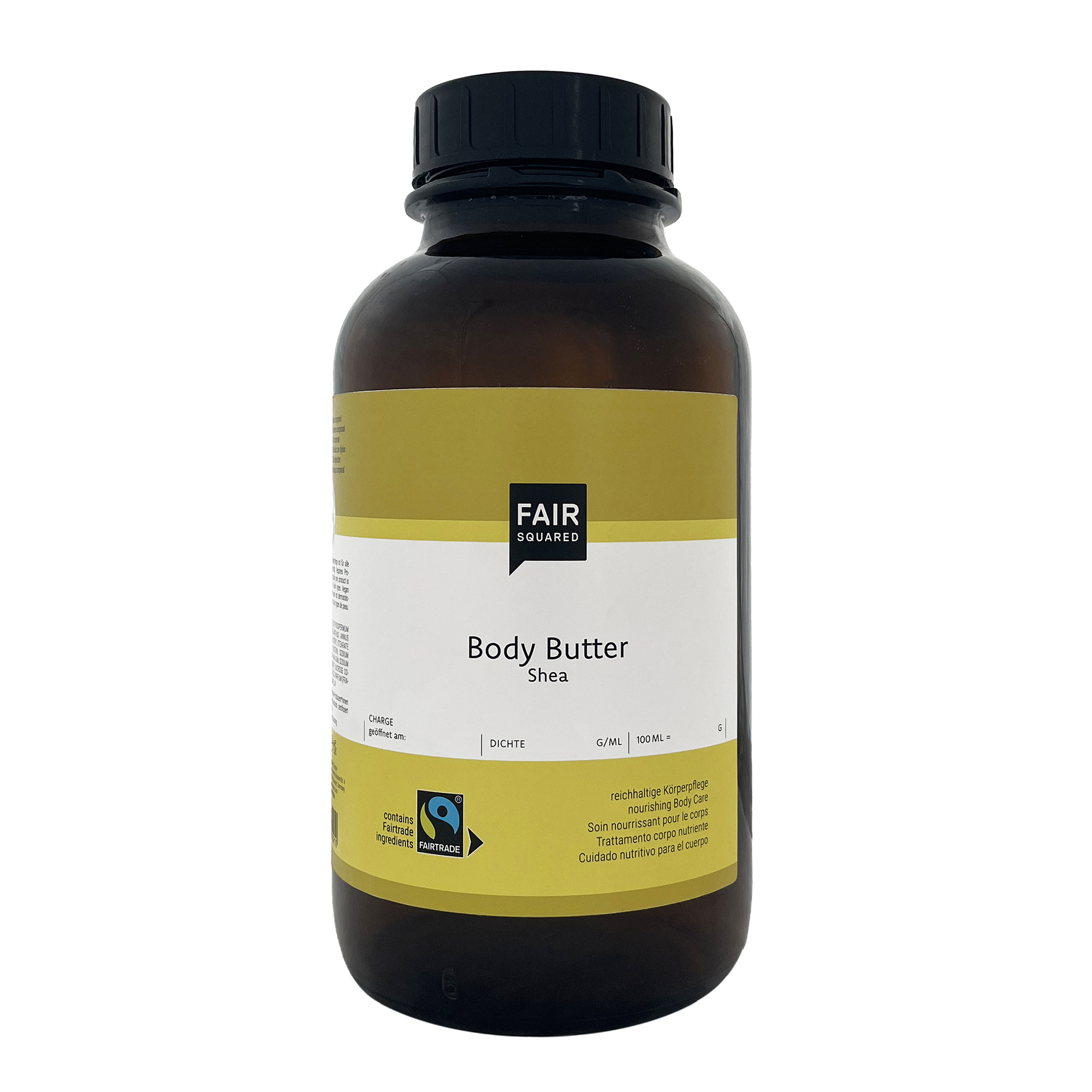 FAIR SQUARED Body Butter Shea im 2500-ml-Glastiegel mit Aluminiumdeckel. Reichhaltige vegane Körperbutter mit Fairtrade-Sheabutter, zertifizierter Naturkosmetik und dermatologisch bestätigter Rezeptur für die tägliche Pflege aller Hauttypen.