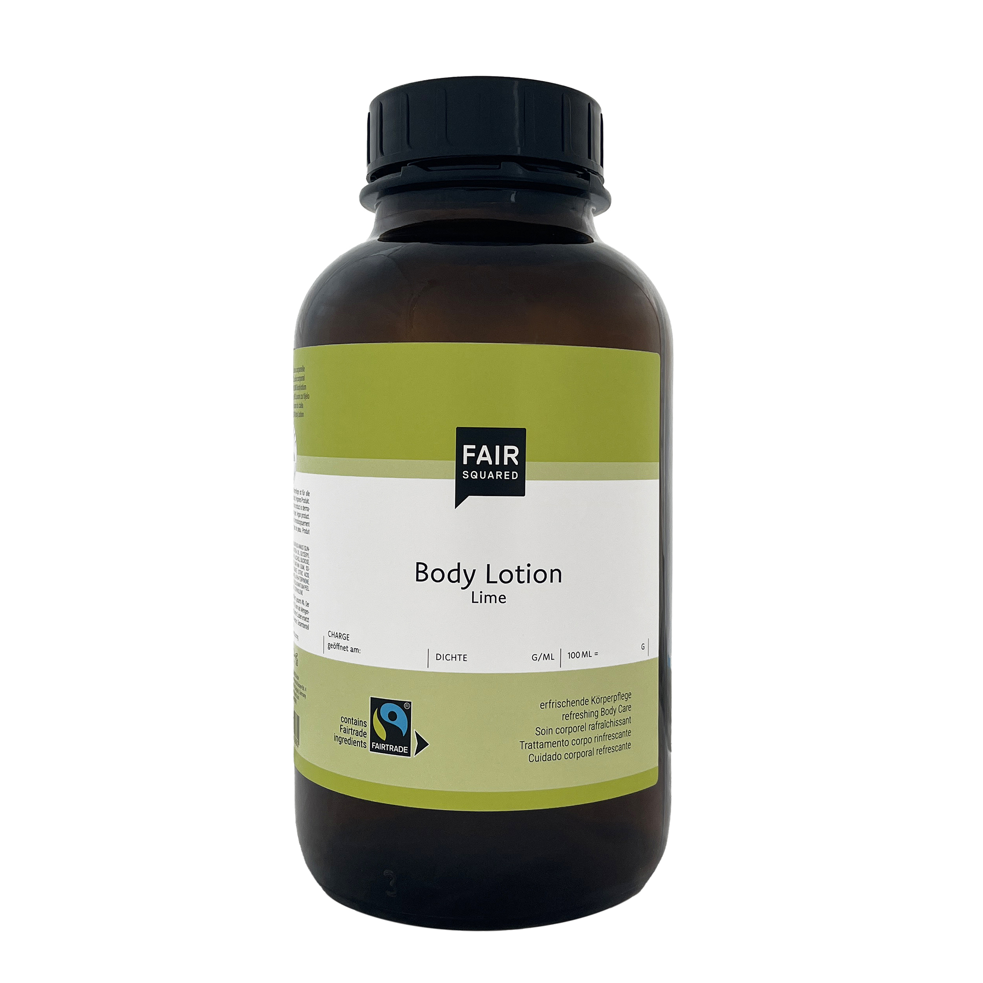 FAIR SQUARED Body Lotion Lime im 2500-ml in der Braunglasflasche mit schwarzen Kunststoffdeckel. Leichte vegane Body Lotion mit Fairtrade-Kokosöl und Fairtrade-Zucker, zertifizierter Naturkosmetik und dermatologisch bestätigter Rezeptur für die tägliche Körperpflege aller Hauttypen.