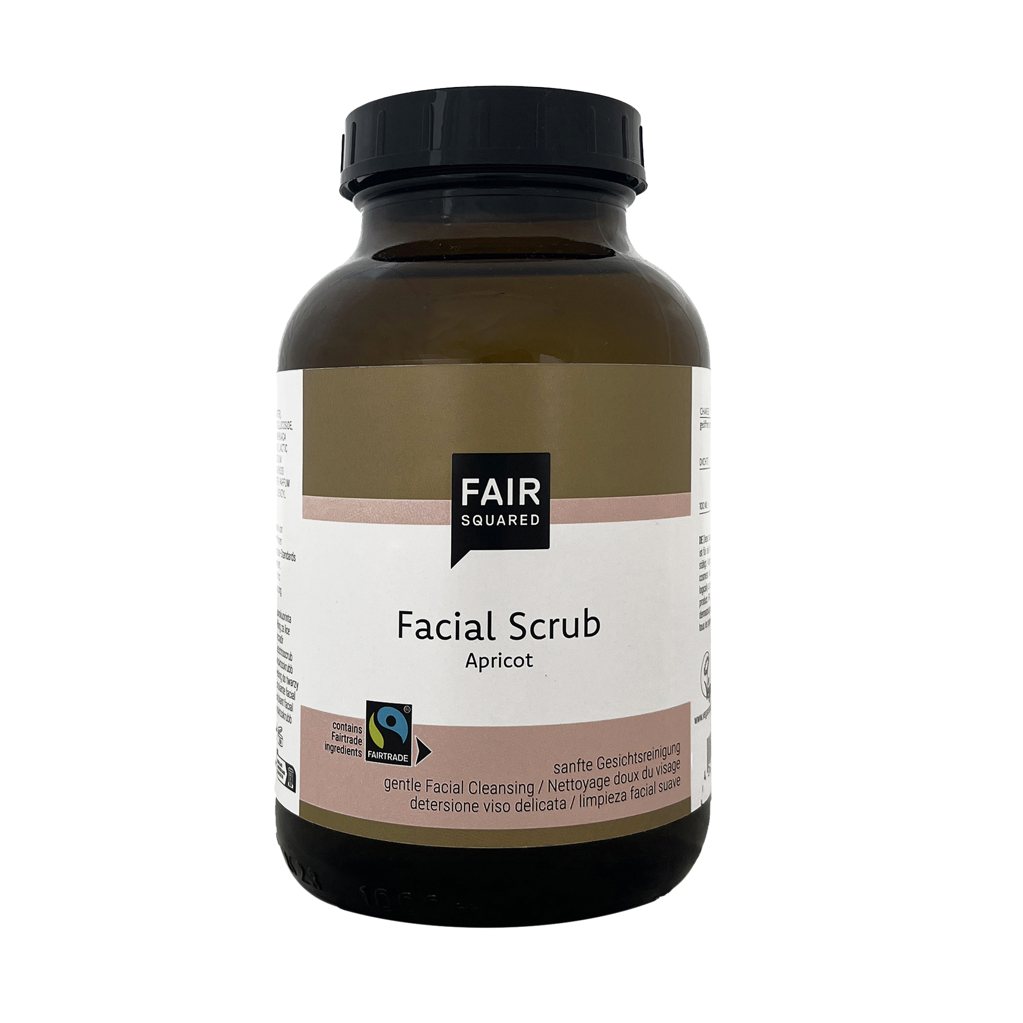 FAIR SQUARED Facial Scrub Apricot 1000ml in der Braunglasflasche mit schwarzen Kunststoffdeckel, veganes Gesichtspeeling mit Fairtrade-Aprikosenkernöl und Fairtrade-Grüntee.