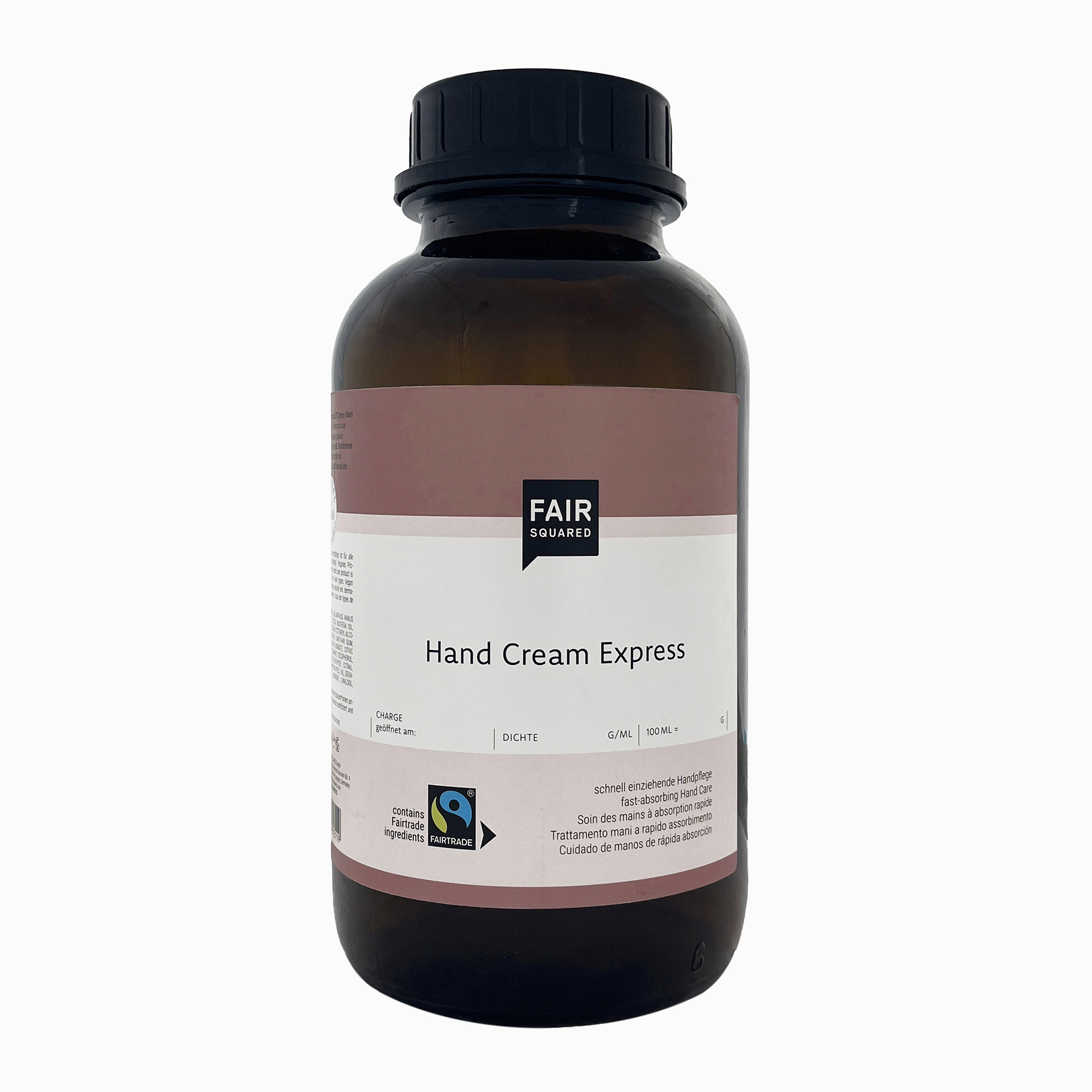 FAIR SQUARED Hand Cream Intensive Olive im 2500-ml in der Braunglasflasche mit schwarzen Kunststoffdeckel. Reichhaltige, vegane Naturkosmetik-Handcreme mit Fairtrade-Kokosöl und Olivenfrucht-Extrakt, dermatologisch bestätigt und für alle Hauttypen geeignet.