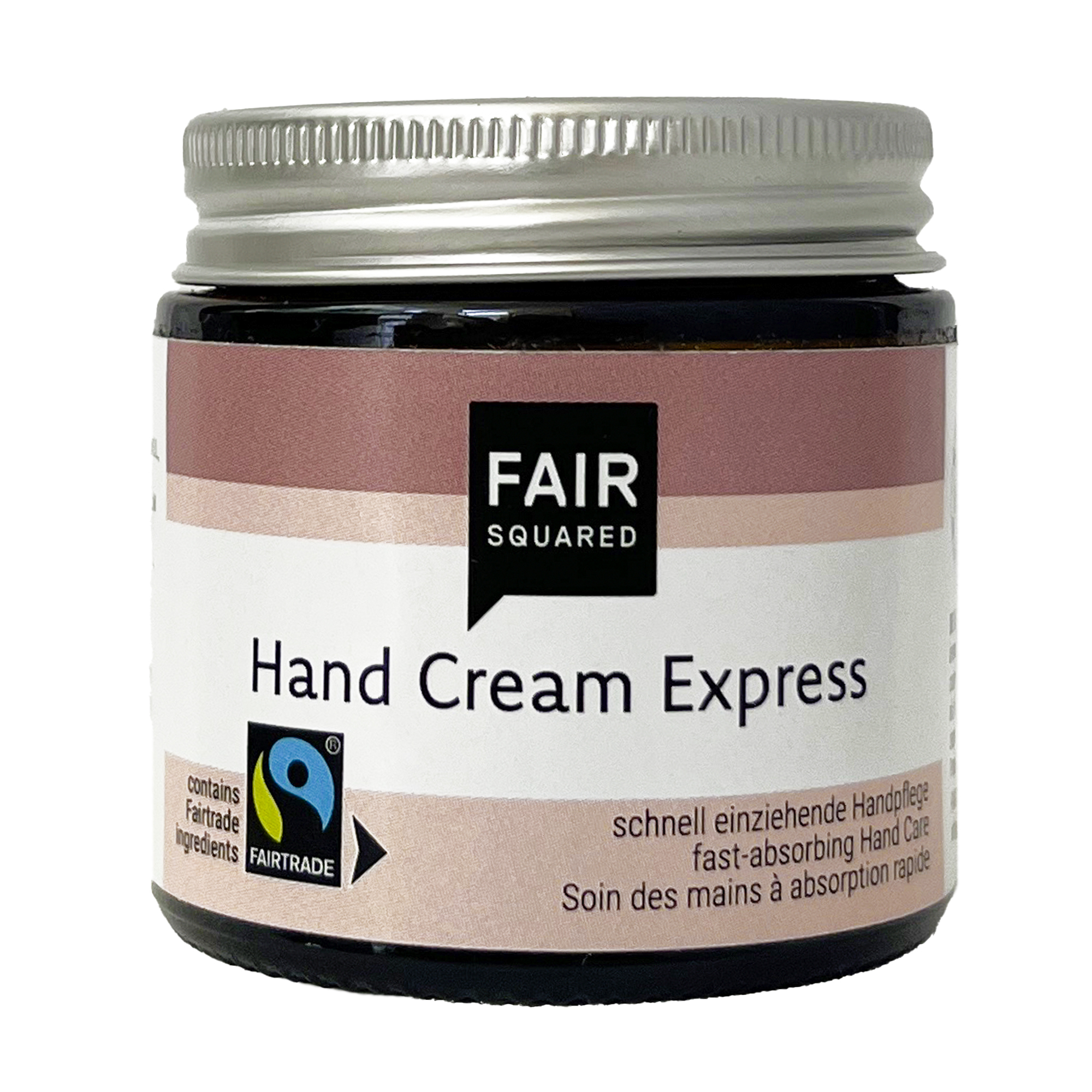 FAIR SQUARED Hand Cream Express im 50-ml-Glastiegel mit Aluminiumdeckel. Schnell einziehende, vegane Handcreme mit Fairtrade-Kokosöl, zertifizierter Naturkosmetik und dermatologisch bestätigter Rezeptur für alle Hauttypen.
