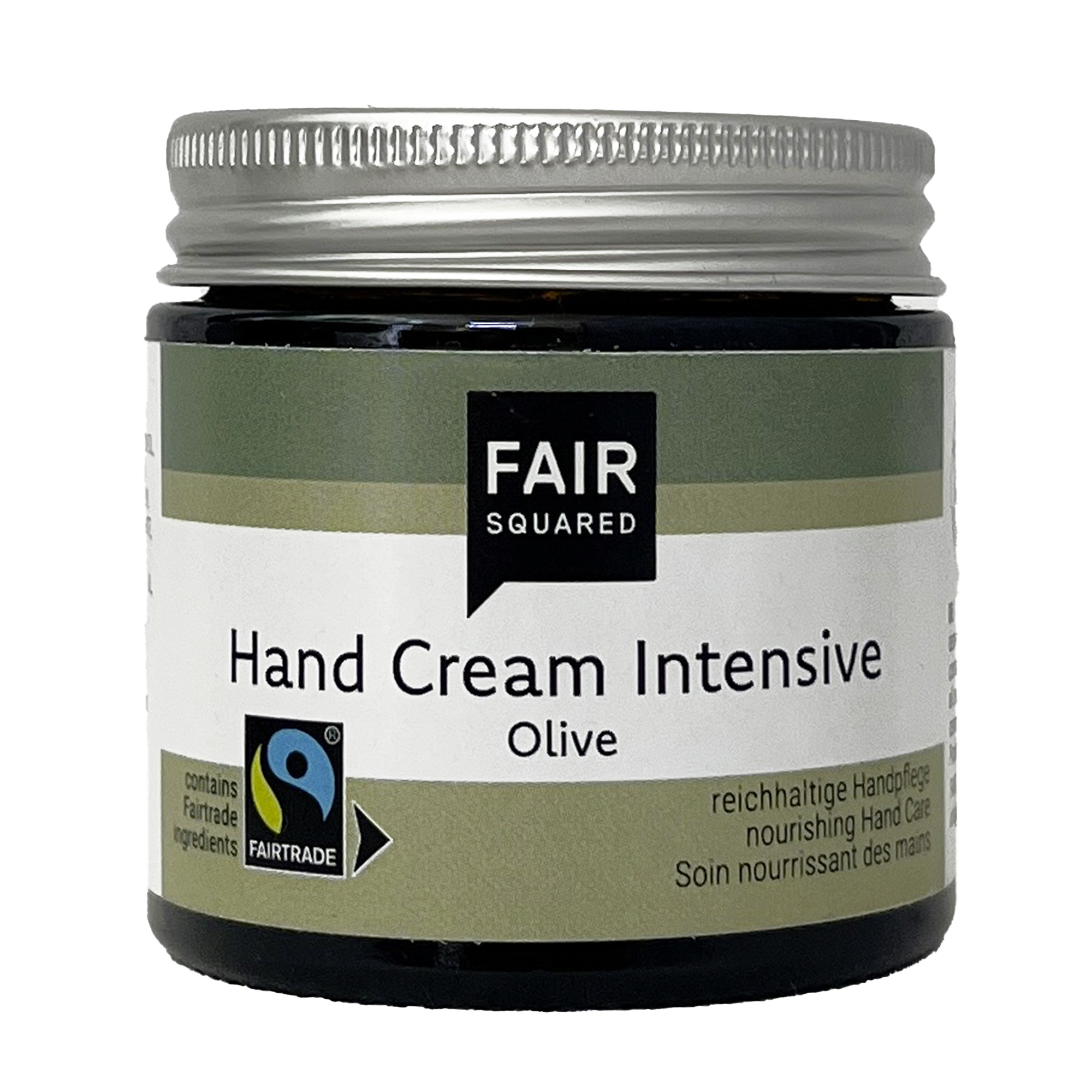 FAIR SQUARED Hand Cream Intensive Olive im 50-ml-Glastiegel mit Aluminiumdeckel. Reichhaltige, vegane Naturkosmetik-Handcreme mit Fairtrade-Kokosöl und Olivenfrucht-Extrakt, dermatologisch bestätigt und für alle Hauttypen geeignet.