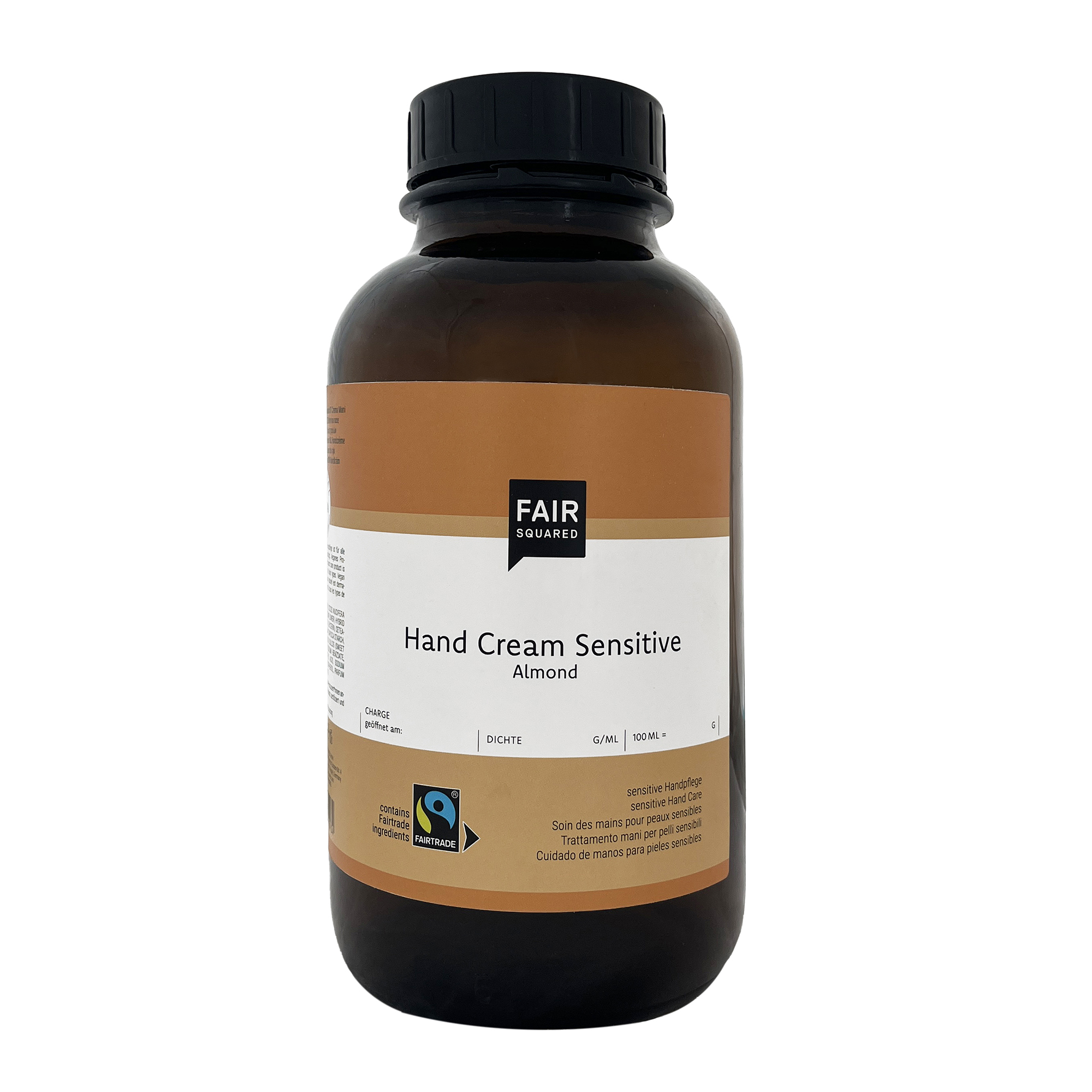 FAIR SQUARED Hand Cream Sensitive Almond im 2500-ml in der Braunglasflasche mit schwarzen Kunststoffdeckel. Vegane, dermatologisch bestätigte Naturkosmetik-Handcreme mit Fairtrade-Kokosöl und Süßmandel-Extrakt für die tägliche Pflege aller Hauttypen.