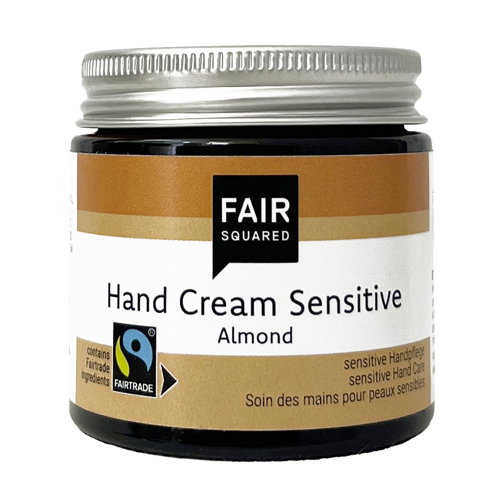 FAIR SQUARED Hand Cream Sensitive Almond im 50-ml-Glastiegel mit Aluminiumdeckel. Vegane, dermatologisch bestätigte Naturkosmetik-Handcreme mit Fairtrade-Kokosöl und Süßmandel-Extrakt für die tägliche Pflege aller Hauttypen.