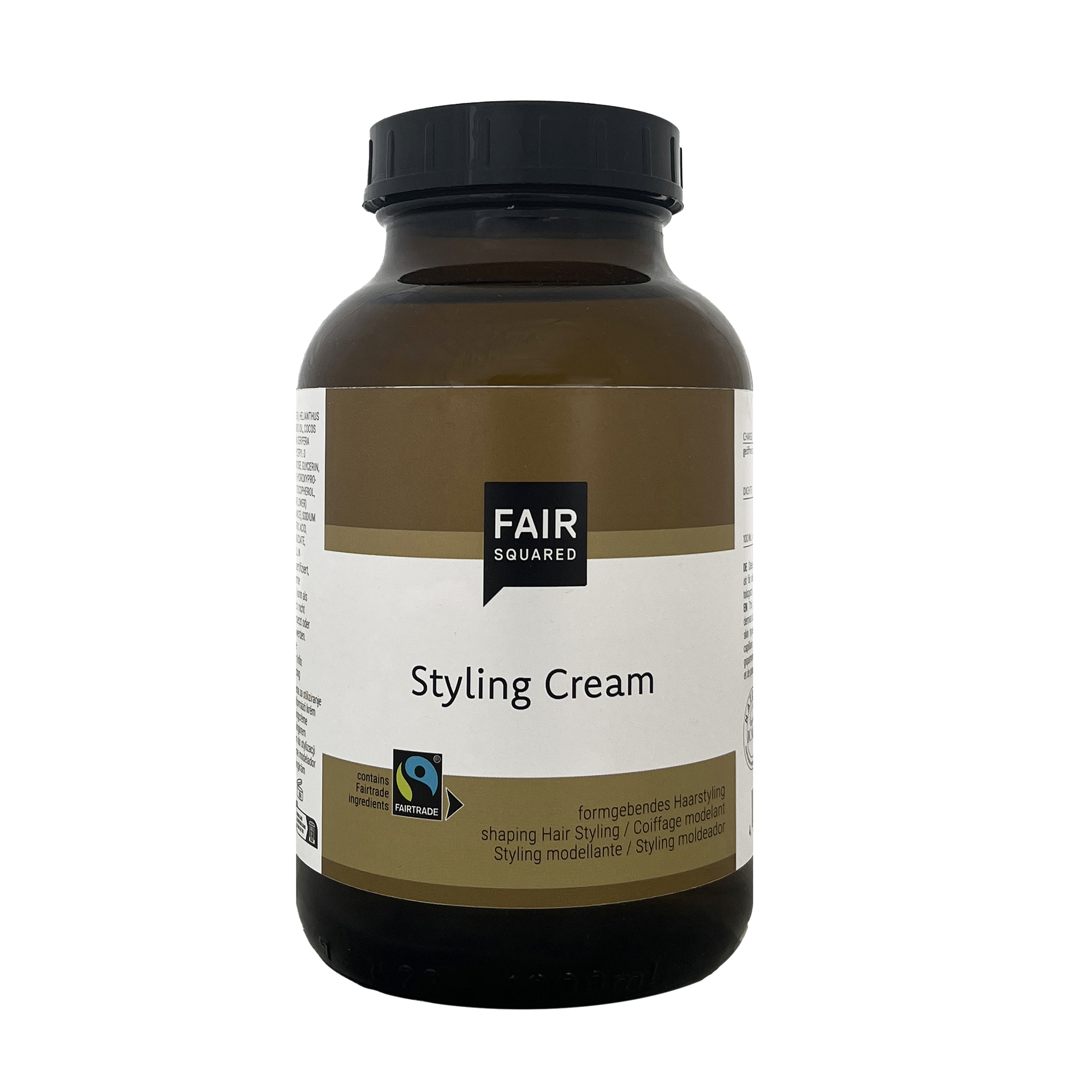 FAIR SQUARED Styling Cream 1000 ml in der Braunglasflasche mit schwarzen Kunststoffdeckel. Für starken Halt mit 5 % Fairtrade-Kokosöl.