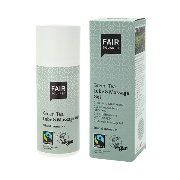 FAIR SQUARED Lube & Massage Gel Green Tea, veganes Gel auf Wasserbasis mit Fairtrade-Grüntee. in Plastikspender plus Karton