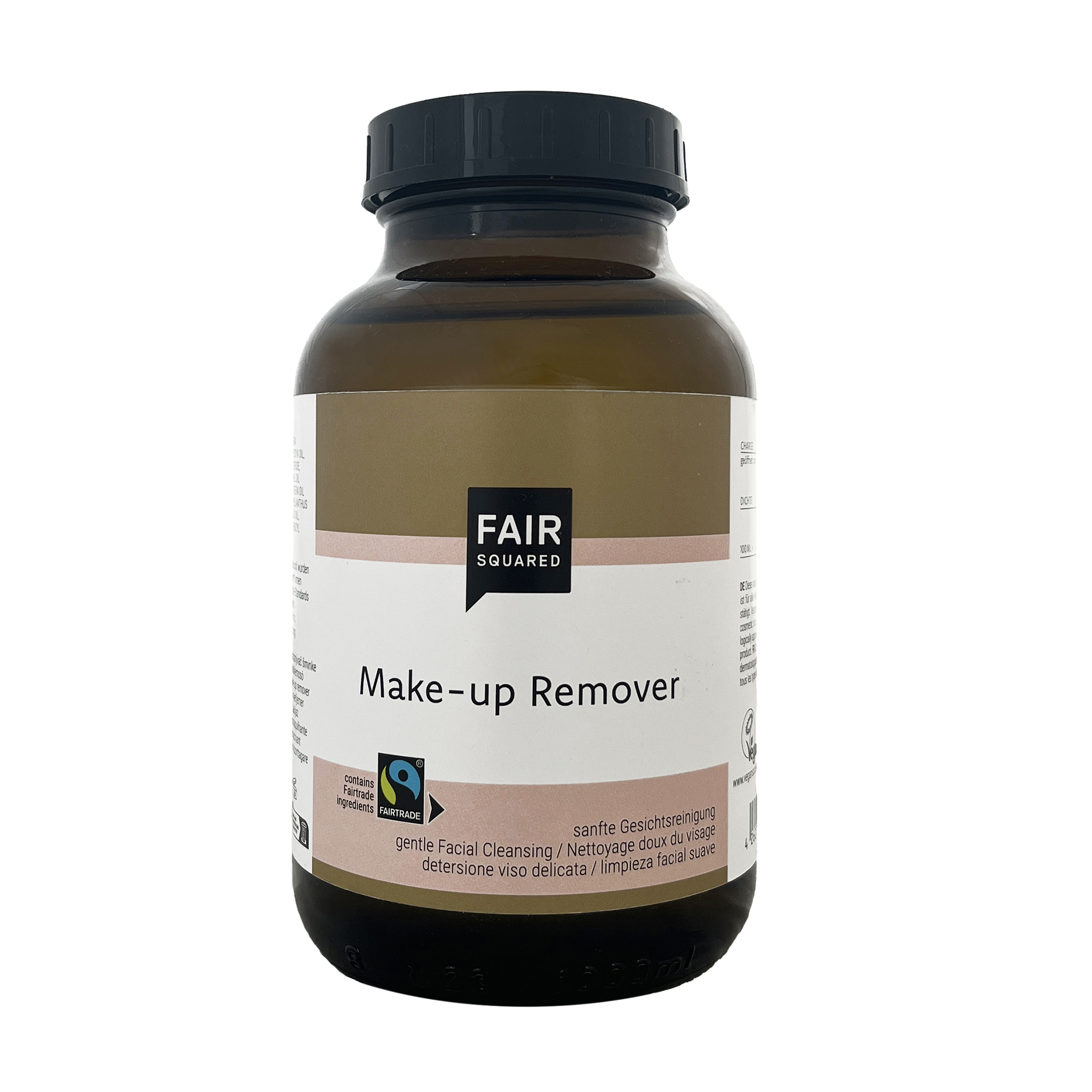 FAIR SQUARED Make-Up Remover 1000 ml in der Braunglasflasche mit schwarzen Kunststoffdeckel. Fairtrade-Aprikosenkernöl und Fairtrade-Kokosöl.