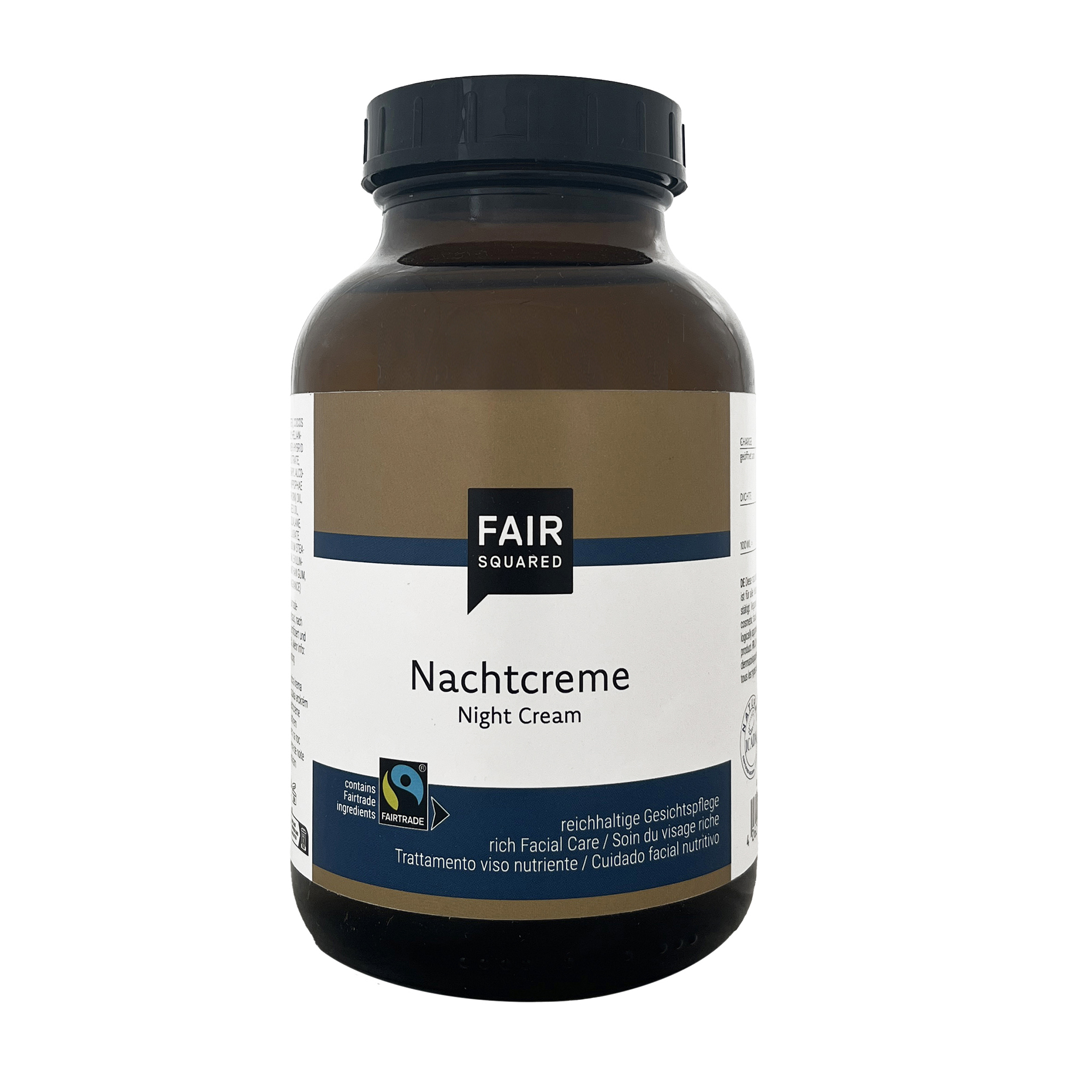 FAIR SQUARED Nacht Creme in der Braunglasflasche mit schwarzen Kunststoffdeckel und weißem + hellblauen Etikett.