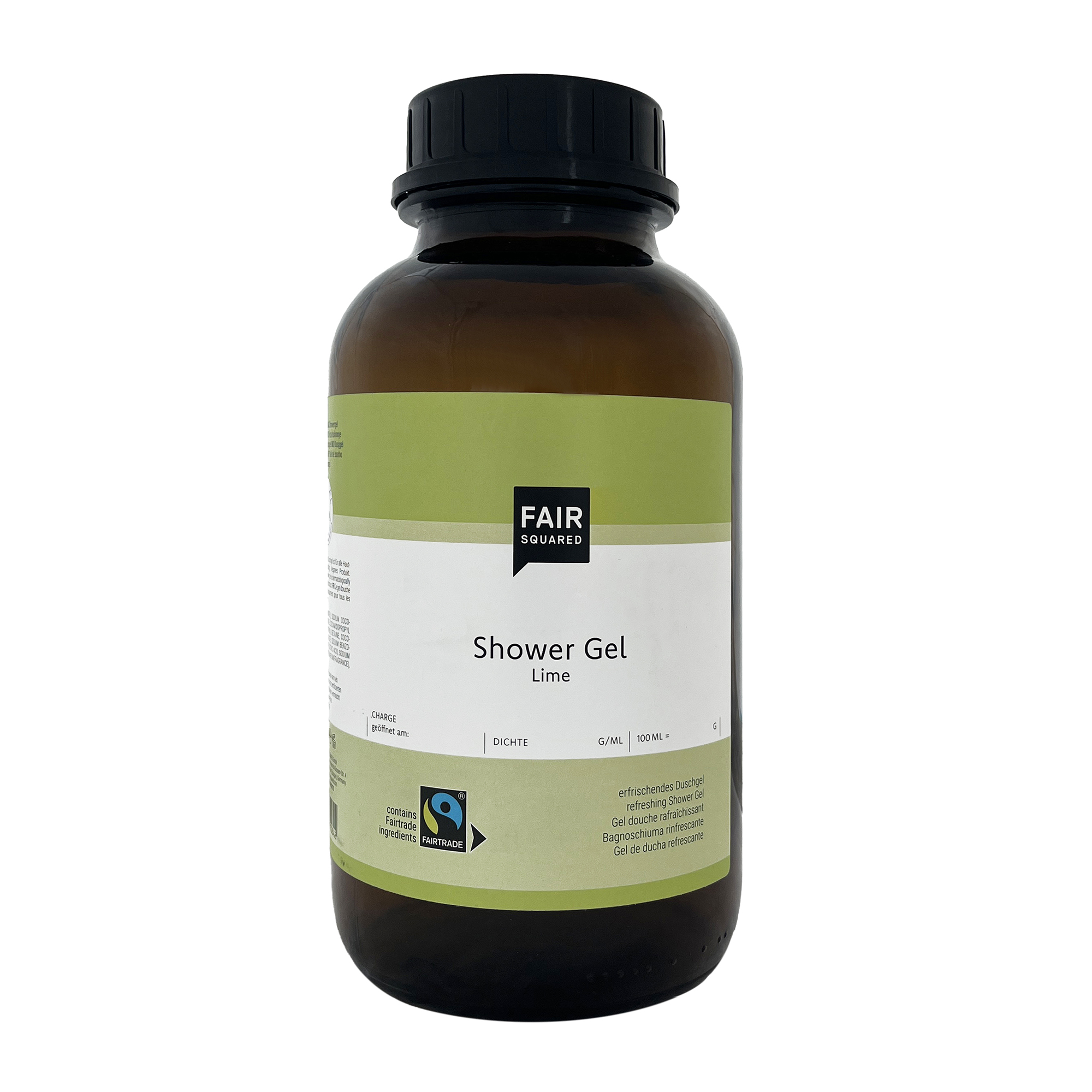 FAIR SQUARED Shower Gel Lime in einer 2500-ml in der Braunglasflasche mit schwarzen Kunststoffdeckel. Veganes Naturkosmetik-Duschgel mit Fairtrade-Zucker, milden pflanzlichen Tensiden und frischem Limetten-Duft für die tägliche Reinigung aller Hauttypen.
