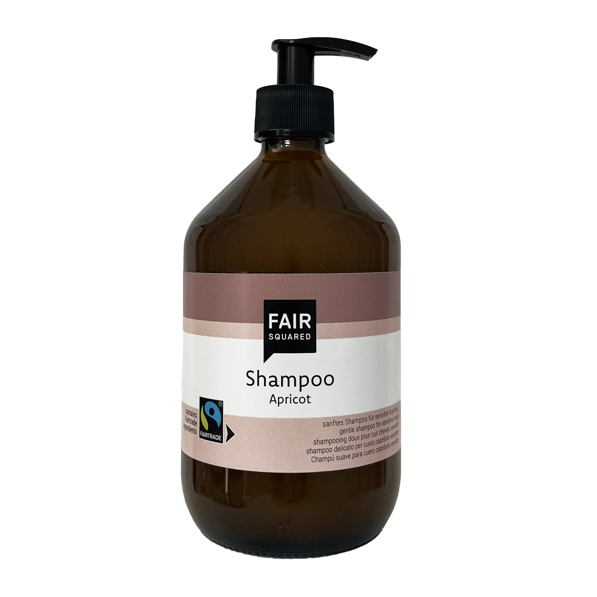 Etikett des FAIR SQUARED Shampoo Apricot 500 ml für eine Glasflasche mit Pumpspender.