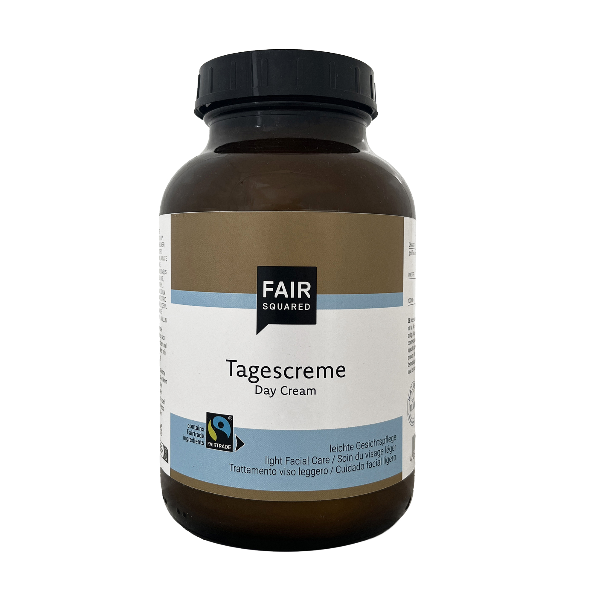 FAIR SQUARED Tages Creme in der Braunglasflasche mit schwarzen Kunststoffdeckel und weißem Etikett.