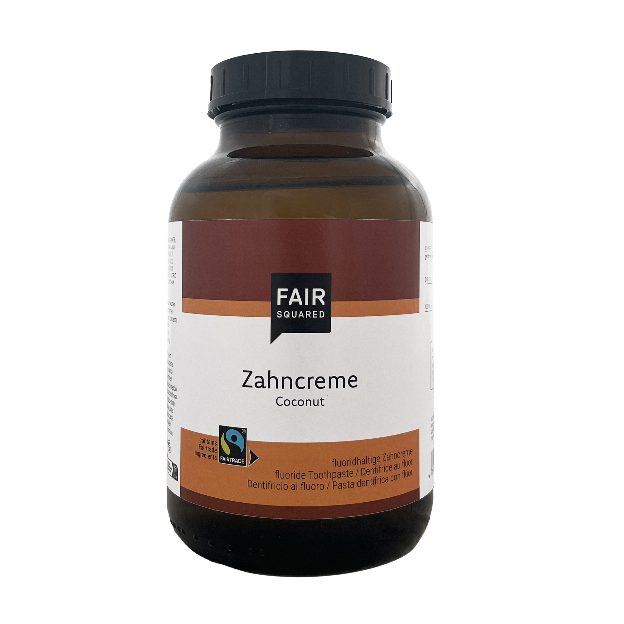 FAIR SQUARED Zahncreme Coconut 1000 ml in der Braunglasflasche mit schwarzen Kunststoffdeckel. Mit Fairtrade-Kokosöl und Fluorid.