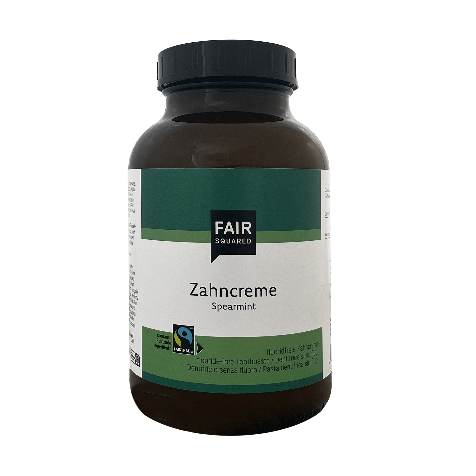 FAIR SQUARED Zahncreme Spearmint 1000 ml in der Braunglasflasche mit schwarzen Kunststoffdeckel, fluoridfrei und mit Fairtrade-Pfefferminztee.