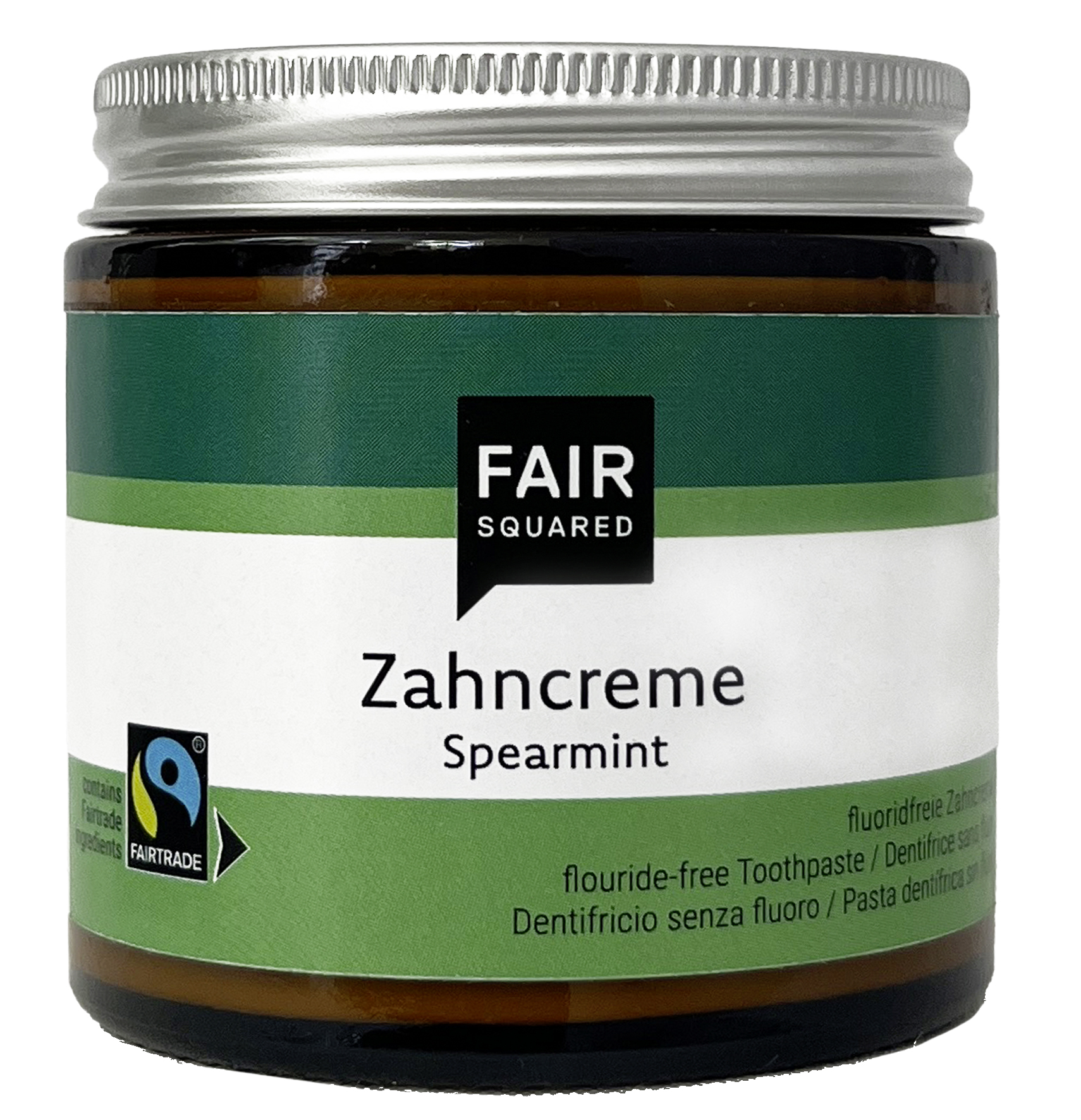 FAIR SQUARED Zahncreme Spearmint 100 ml im Glastiegel, fluoridfrei und mit Fairtrade-Pfefferminztee.